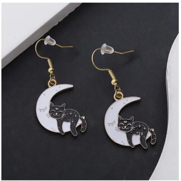 Jewelry - New Halloween Fashion Moon Black Cat Dangle Earrings